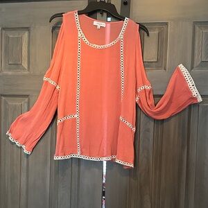 Umgee Peach Cold Shoulder Blouse with white crochet Lace Accents